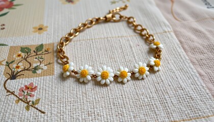 daisy chain bracelet on linen, spring, no people, no text, no logo