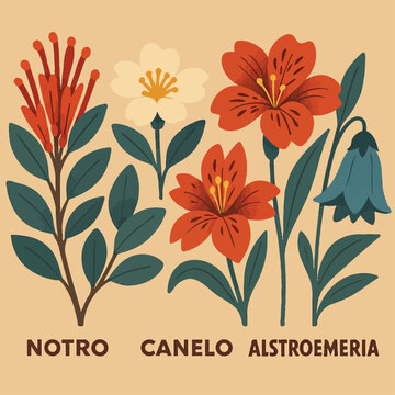Stylized illustration of Chilean native flowers including Notro, Canelo, and Alstroemeria, featuring bold colors and clean vector design on a beige background, perfect for botanical and educational pr