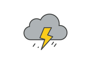 Stormy weather icon; gray cloud, yellow lightning bolt, rain.