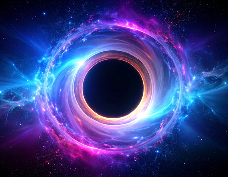 A vibrant depiction of a black hole, showcasing cosmic energy and swirling colors.