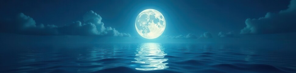 Brilliant full moon casting a radiant path across the glassy ocean , sea, moonlit ocean, ocean glow