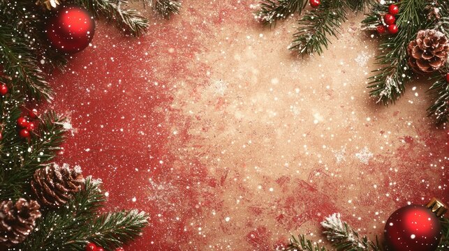 A festive Christmas background with red baubles, pine cones, and snowflakes on a textured red background. - Powered by Adobe