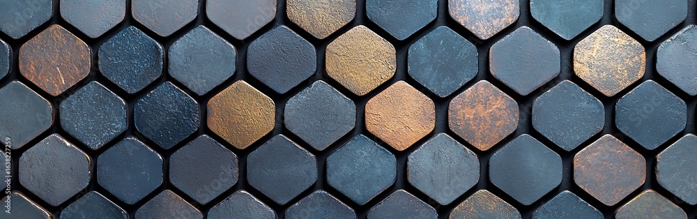Poster a close-up view of hexagonal tiles in varying shades of blue and bronze, showcasing a textured surfa