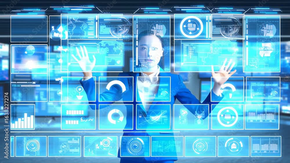 Aufkleber asian woman in a blue suit interacts with a futuristic holographic interface, displaying various dat