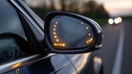 Side mirror with embedded blind spot detection indicators lit up
