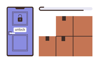 Locked door with unlock label, key, and stacked boxes representing access control, storage, shipping, delivery, security, logistics and warehouse operations. Ideal for simple flat metaphor