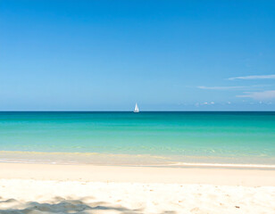 Obraz premium Tranquil beach scene with a sailboat on a vibrant turquoise ocean.