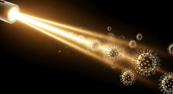 A powerful golden light beam emanating from a device, illuminating and interacting with multiple microscopic virus particles in a dark environment, symbolizi...