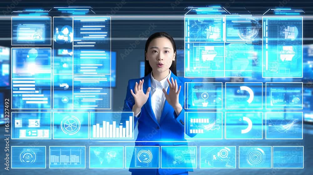 Poster asian woman in a blue suit interacts with a futuristic holographic interface displaying data analyti