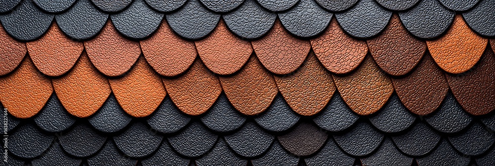 Poster a textured surface featuring overlapping scales in shades of black and copper, creating a visually s
