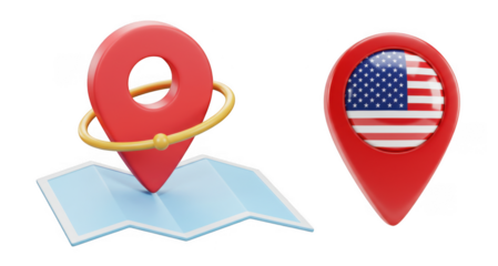 Red map pin with usa flag and another pin on folded map isolated on transparent background