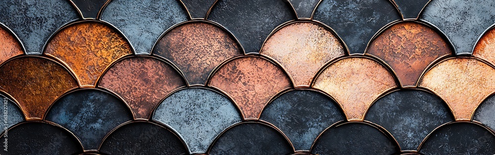 Poster a textured pattern of overlapping scales in various shades of copper, bronze, and black, creating a 
