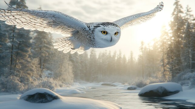 Snowy owl in flight over wintery forest
