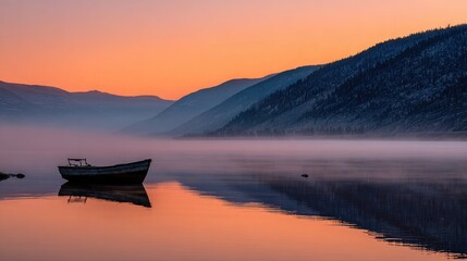 A dreamy sunrise behind misty mountains and a tiny anchored boat reflecting perfectly on a smooth lake
