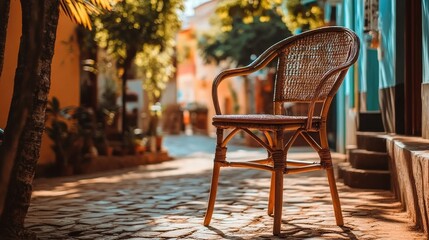 Wicker chair on cobblestone street, tropical setting