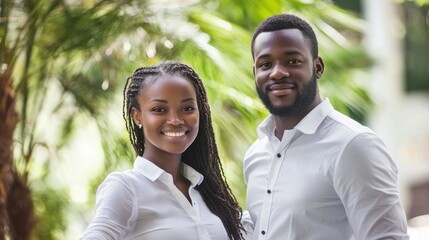 A smiling couple standing outdoors with palm trees in the background.