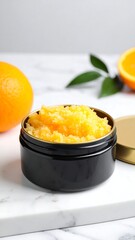 Orange lip scrub in black and gold jar placed on marble surface showcasing luxury beauty product and skincare care concept.

