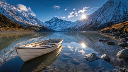 Obraz premium A scenic lake captures the reflection of mountains, sun, and a boat gently rocking