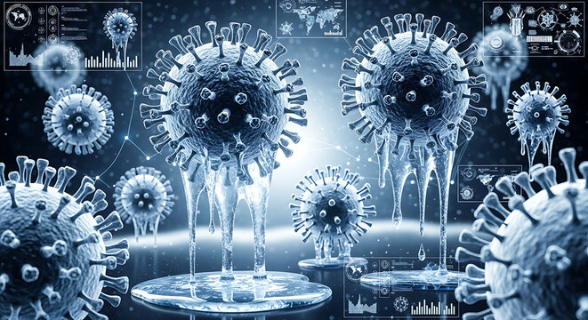Frozen virus particles, melting, digital rendering, scientific visualization, icy surface, data displays. - Powered by Adobe