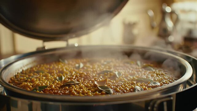 Close Up of Hand Lifting Silver Lid from Steaming Couscous in Chafing Dish Adorned with Bay Leaves Display Revealing a Culinary Presentation with Warm Tones and Fresh Ingredients Perfect for Catering