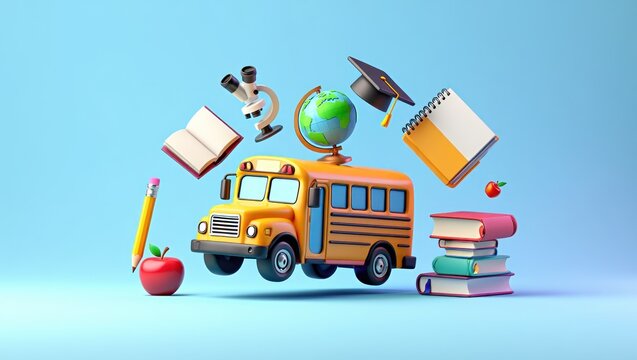 Whimsical school bus and learning objects floating in air