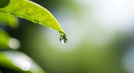 Water droplet clinging to a vibrant green leaf, reflecting nature's purity and freshness. A captivating macro shot for environmental, health, and wellness themes.