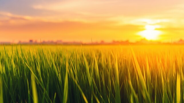 Lush green rice field under a vibrant sunset, showcasing nature's beauty and tranquility in the background