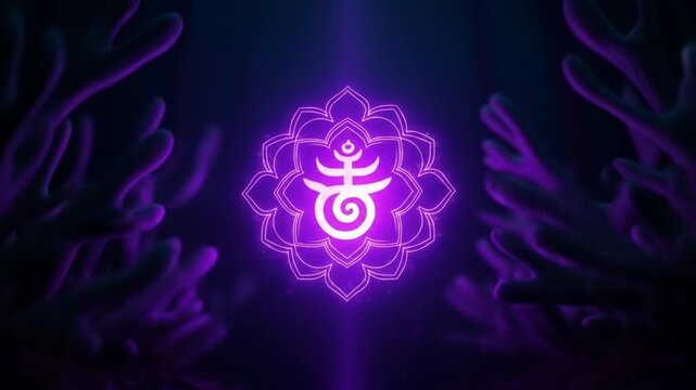 Purple glowing ajna chakra amidst dark abstract plant shapes. Ideal for meditation and spiritual wellness concepts in design projects.