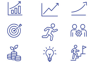 Vector icons of business growth, upward arrows, bar charts, financial data trends, analytics symbols, success indicators, performance graphs, and progress signs