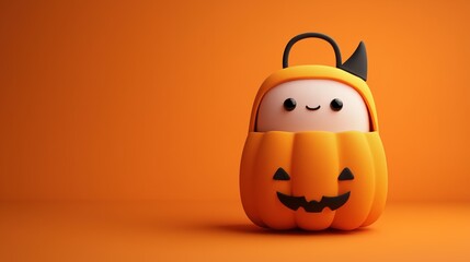 Fototapeta premium Cute pumpkin-costume character on orange background