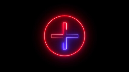 Obraz premium A neon plus icon features a glowing, bright cross symbol with vibrant colors on a dark background, representing addition, positivity, or creating new items in modern digital designs. 