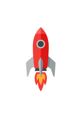 A vibrant red rocket ship with grey wings and a fiery exhaust, ready for launch on a white background.