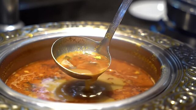 Close-Up of Ladle Scooping Rich Golden Soup from Ornate Silver Buffet Pot Featuring Steaming Broth and Culinary Delights Perfect for Restaurant Promotions and Hearty Meal Showcasing The Warmth and