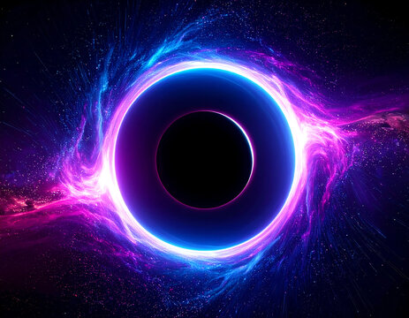 A vibrant depiction of a black hole with swirling, colorful energy surrounding its event horizon.