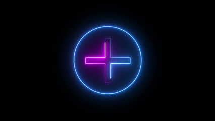 A neon plus icon features a glowing, bright cross symbol with vibrant colors on a dark background, representing addition, positivity, or creating new items in modern digital designs.

