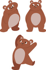 Set of bears in different poses: standing, waving, running. Drawn in cartoon style. Vector illustration for designs, prints and patterns. Isolated on white background.
