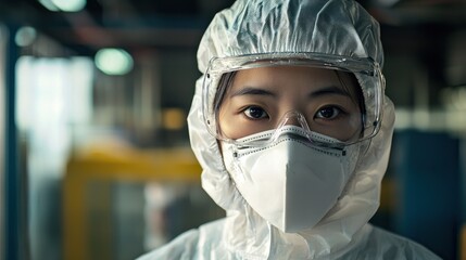 A person in a protective suit and face mask, standing in a factory setting.