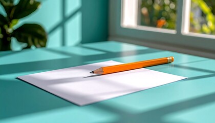 Orange pencil on teal desk with letterhead and window shadow creating stylish workspace and creative office scene.

