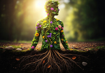 Nature spirit with flowers and leaves in forest with roots nature concept art ai generated image