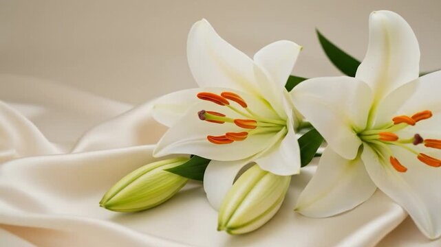 White lilies on silk fabric floral still life with soft lighting elegance and serenity