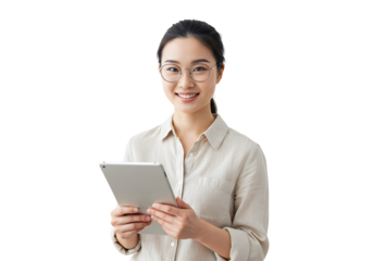 Smiling Asian woman with glasses holds a tablet, wearing a beige shirt against a bright white background
