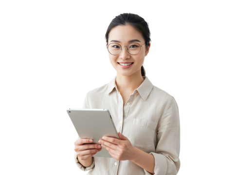 Smiling Asian woman with glasses holds a tablet, wearing a beige shirt against a bright white background - Powered by Adobe