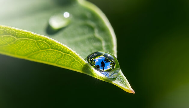 Perfectly round water droplet on a leaf tip mirrors a miniature world with a lone human figure, blue sky, and lush greenery in exquisite detail.