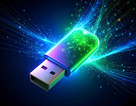 A glowing USB drive surrounded by digital data streams, representing information transfer.