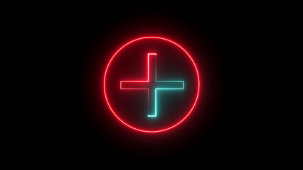 A neon plus icon features a glowing, bright cross symbol with vibrant colors on a dark background, representing addition, positivity, or creating new items in modern digital designs.
