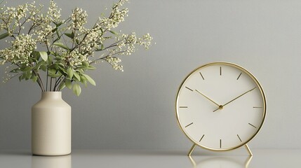 Alarm clock with a brass stand and a round face Detail of the polished brass, subtle reflections, crisp white clock face, slender stand.