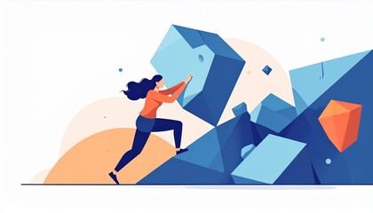 Fototapeta premium Woman Pushing Large Geometric Rock