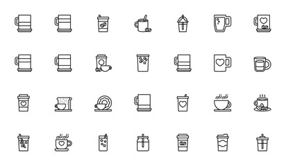 Coffee icon set. Minimal vector icons pack. Includes coffee cup, mug, iced coffee, hot drink, cold drink, donut, breakfast, take away and more. Editable stroke.