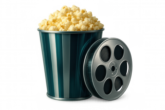 Popcorn cascading from retro container beside vintage film reel, representing cinematic nostalgia and entertainment industry passion