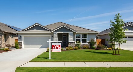 Fototapeta premium For Sale modern suburban home on bright sunny day. New residential property with green lawn & blue sky, ideal for real estate, housing market, or home buying concepts.